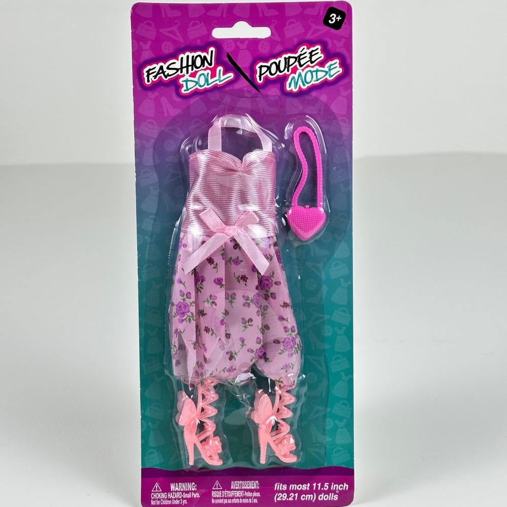 Fashion Doll Pink Floral Halter Dress Outfit with Heart Purse and Butterfly
